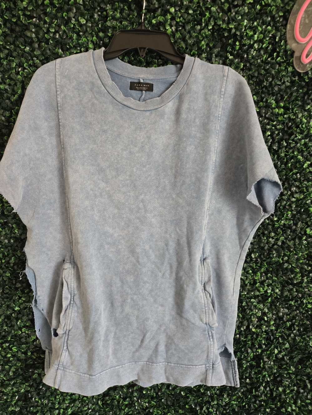 Zara Distressed Washed Light Blue Sleeveless Sweatshirt W/ Pockers Small Relaxed